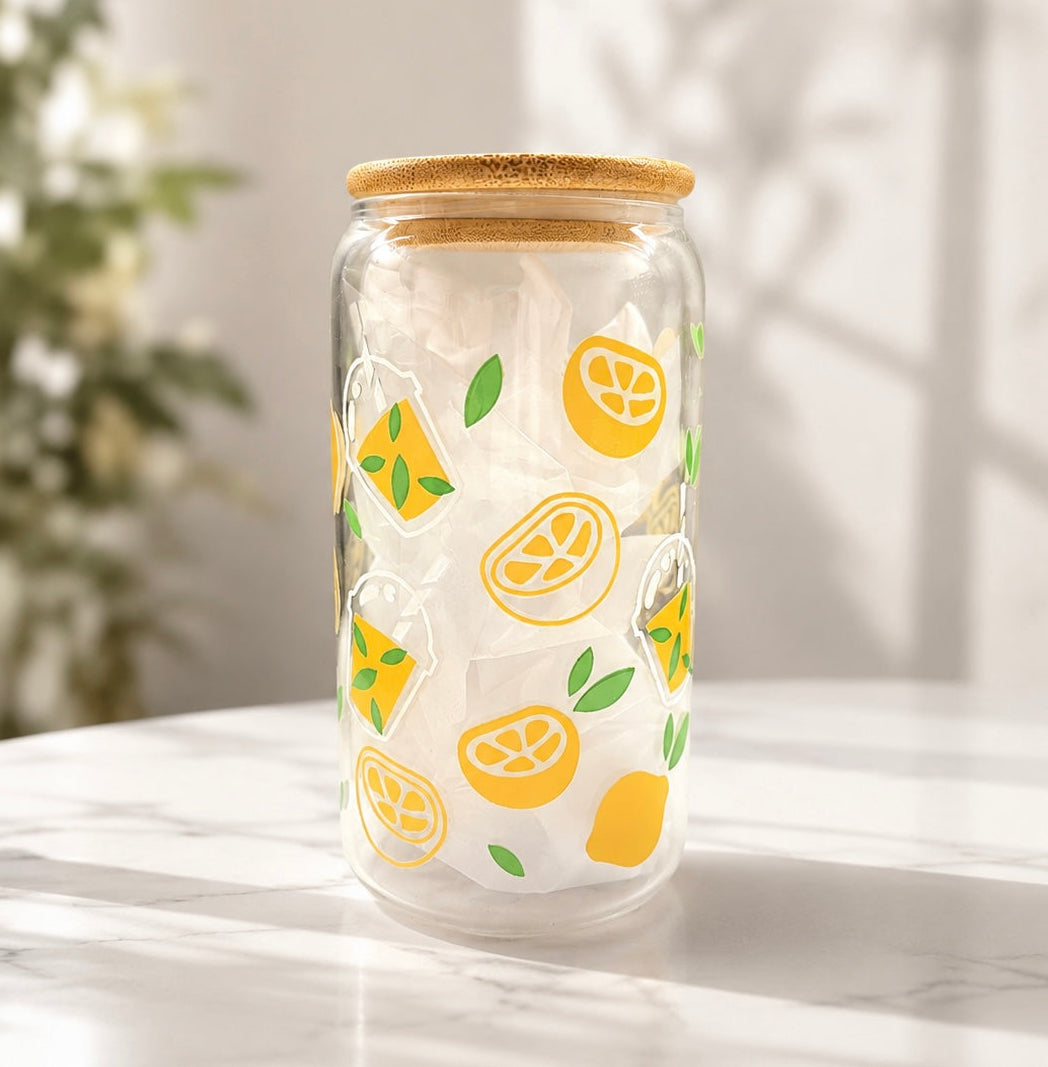 Fresh Lemon Glass Can Cup with Bamboo Lid & Straw