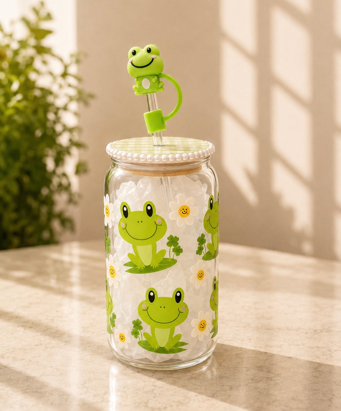 16 Oz. Daisy Frog Can Cup (plus decorated lid & straw topper)